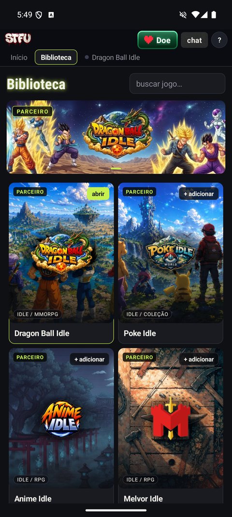 Biblioteca do app com capas dos jogos e a vitrine dos parceiros
