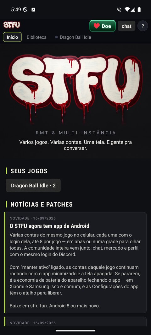 Tela inicial do app com o logo do STFU, seus jogos e as notícias