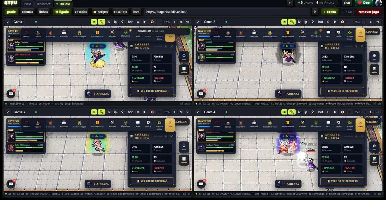 O STFU no Windows com quatro contas do Dragon Ball Idle abertas em grade, cada uma com o próprio painel de análise
